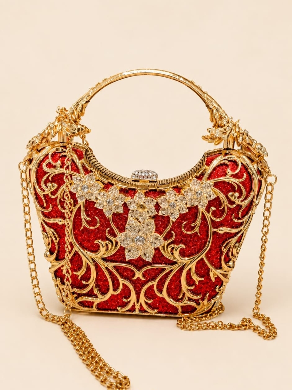 Red & Gold Ornate Filigree Evening Clutch Bag Crystal Chain Crossbody